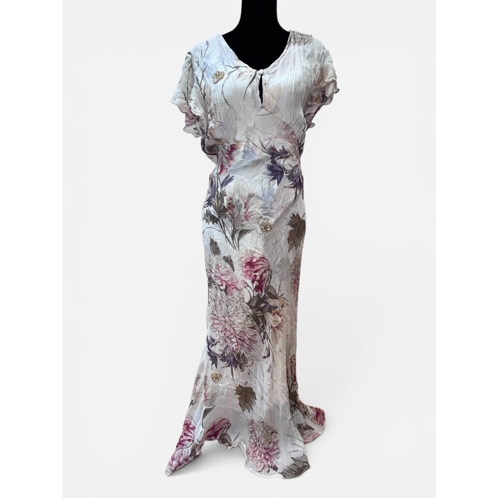 Vintage 80s Nostalgia Floral Maxi Size L Fits S/M Beaded Appliqué Flutter Sleeve